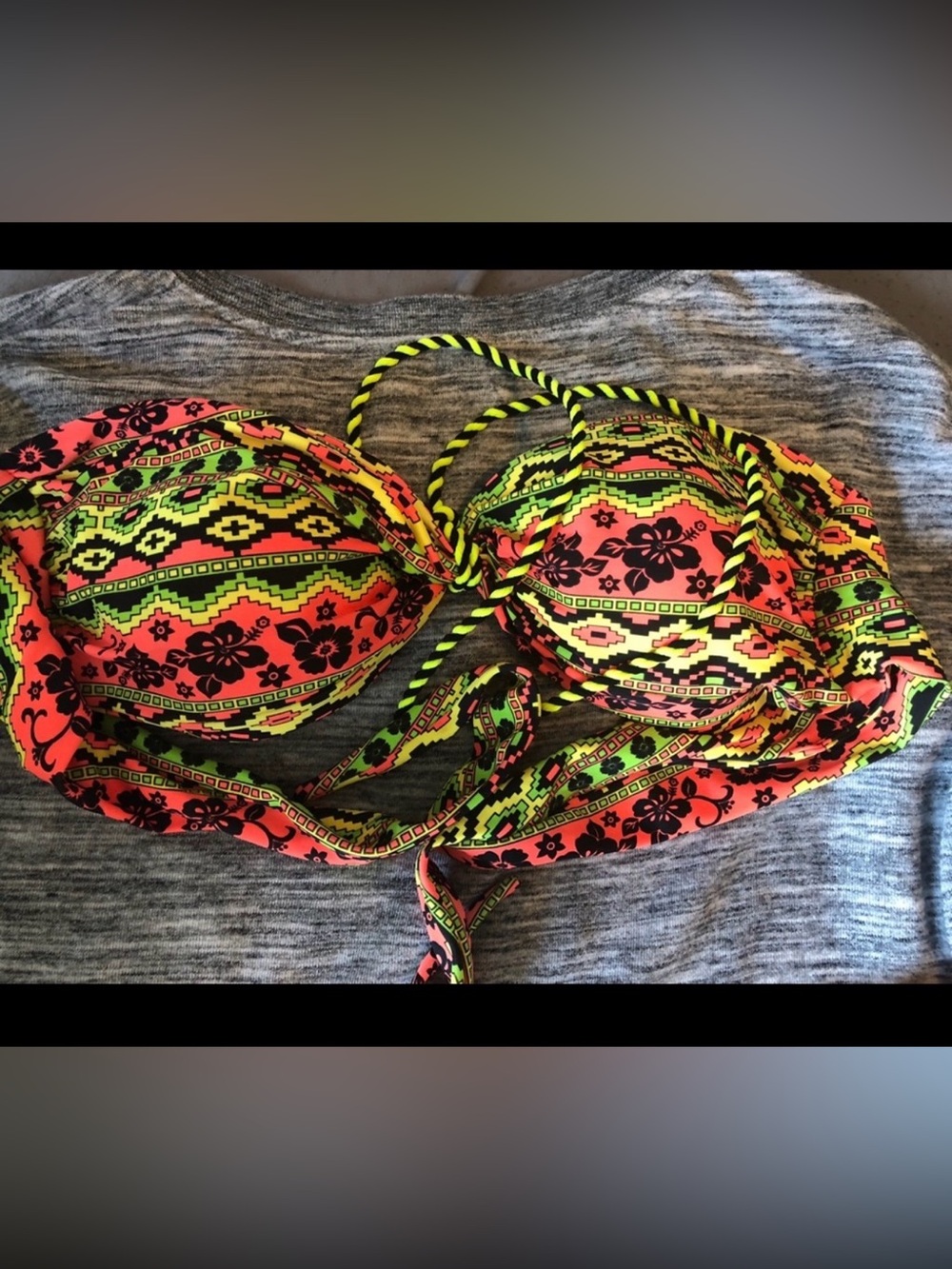 Neon Tribal Floral Bikini Top - Bright Coral & Lime